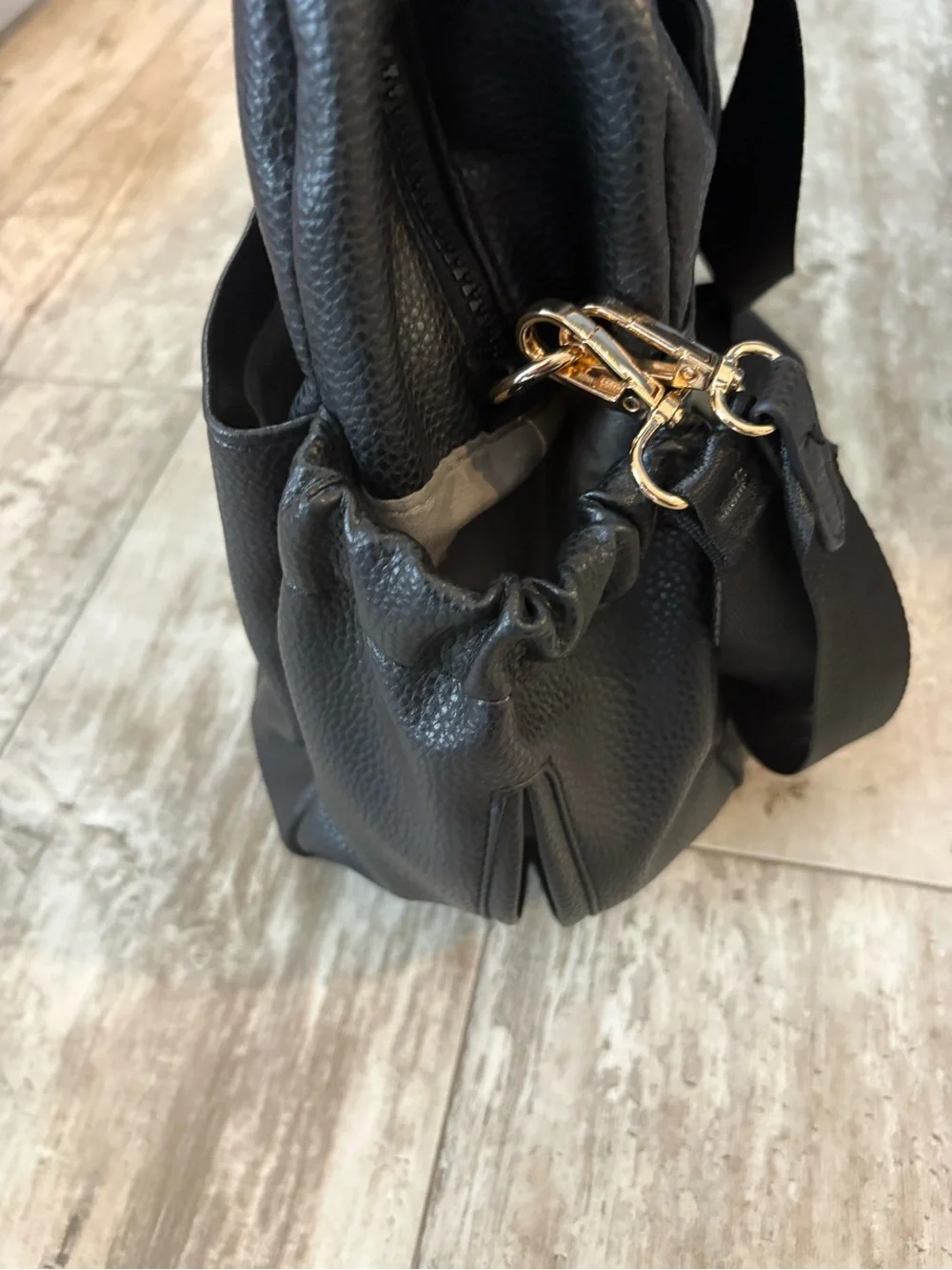 Nicole Miller Black Pebbled Leather Diaper Bag with Zip Detail